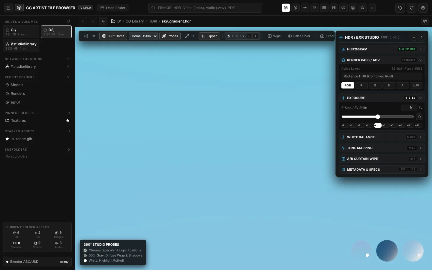 32-bit HDR and EXR 360 degree skybox inspector