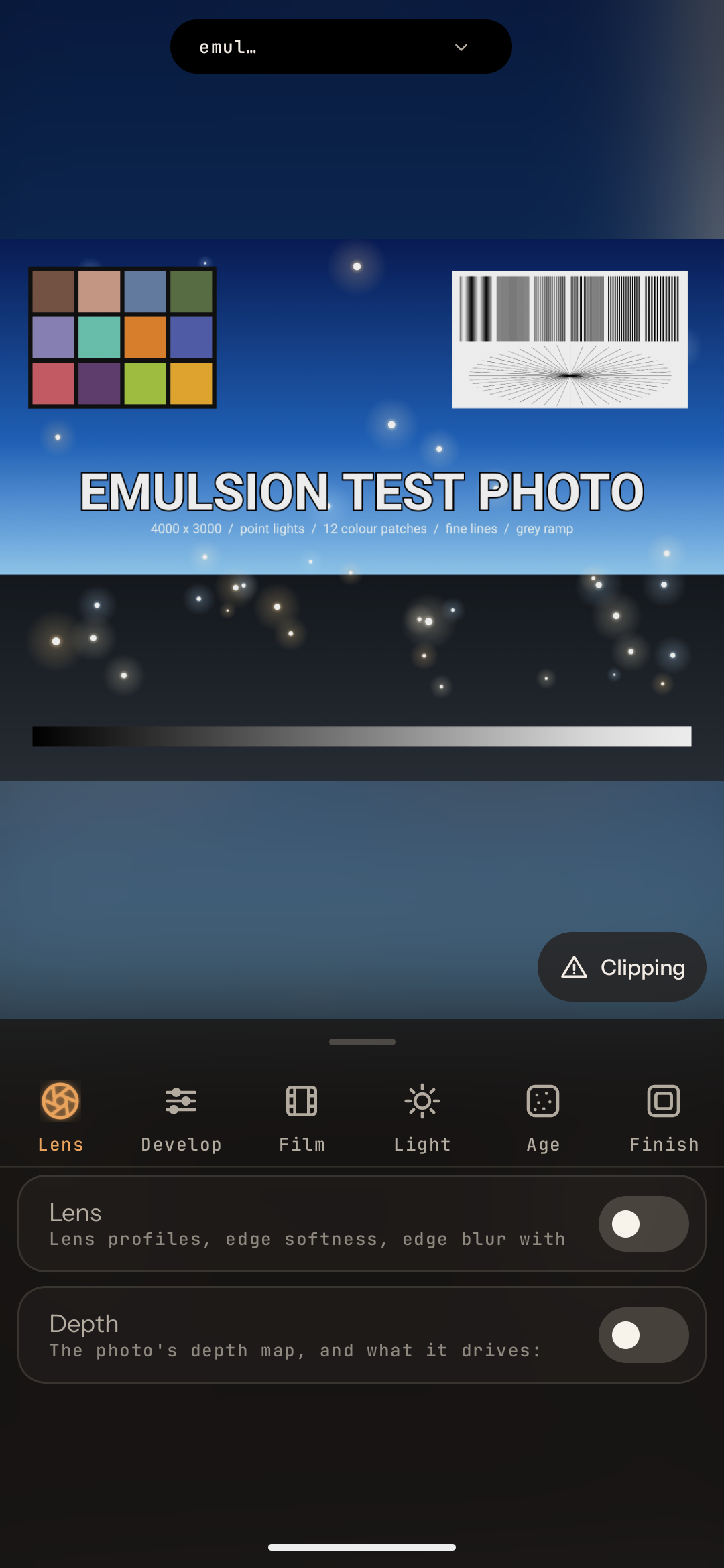 Emulsion editor interface showing film profile and dock