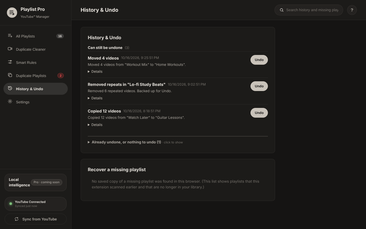 History and Undo list of past actions