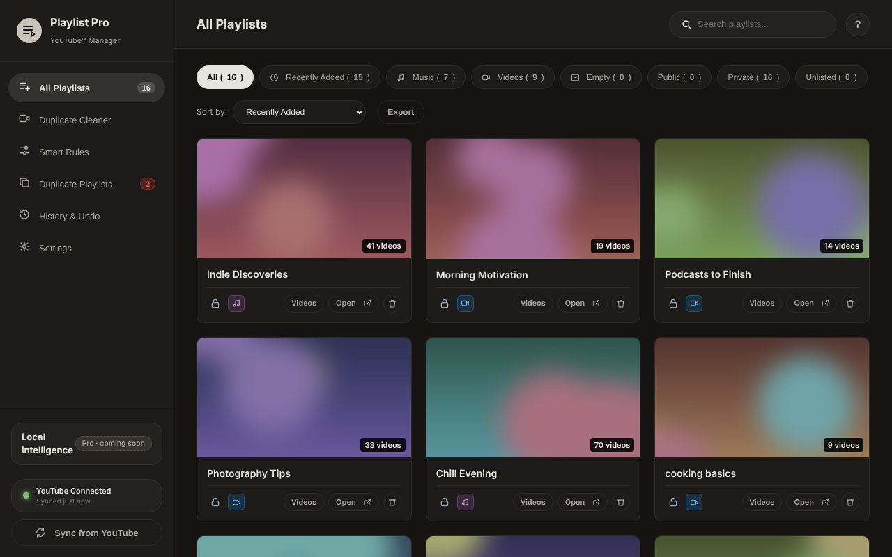 Manager page with all playlists and filters