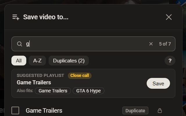 Search bar and suggested playlist inside YouTube's Save window