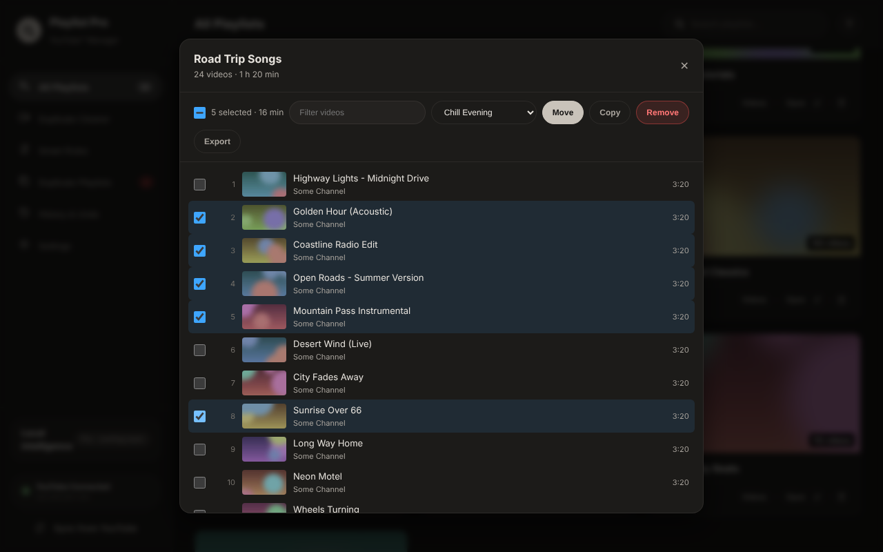 A playlist's videos with several selected for Move, Copy or Remove
